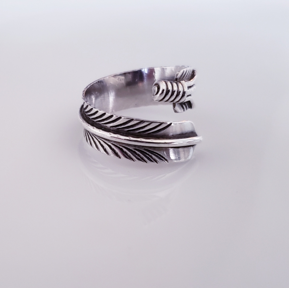 Prayer Feather Adjustable Ring Sterling Silver Na… - image 1